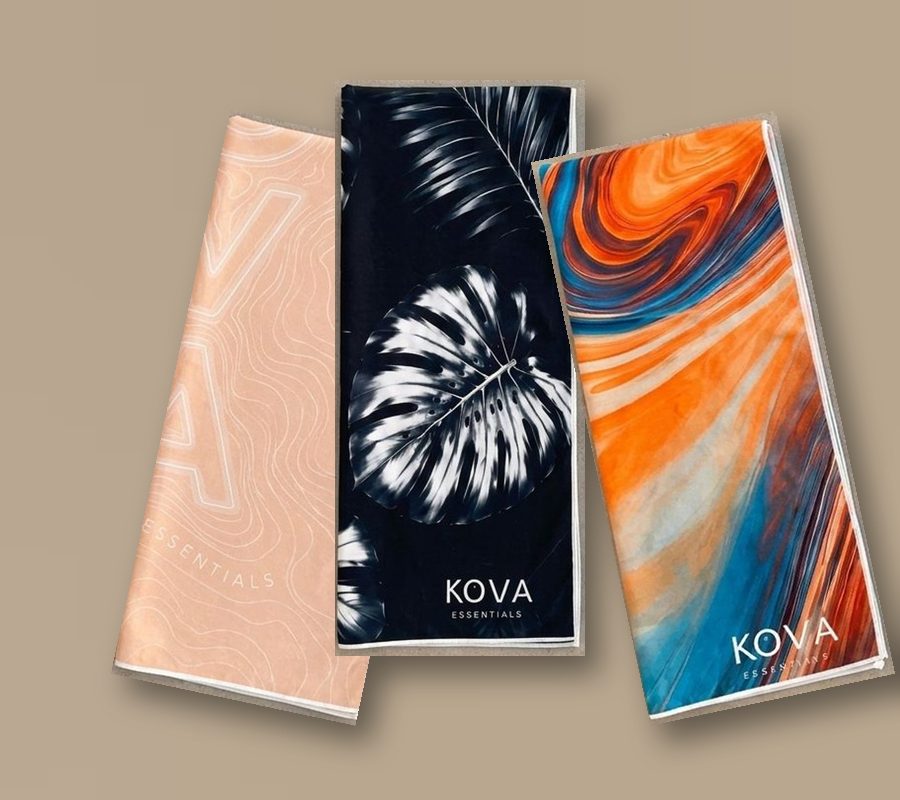 KOVA towels in the Peach, Black and Orange prints
